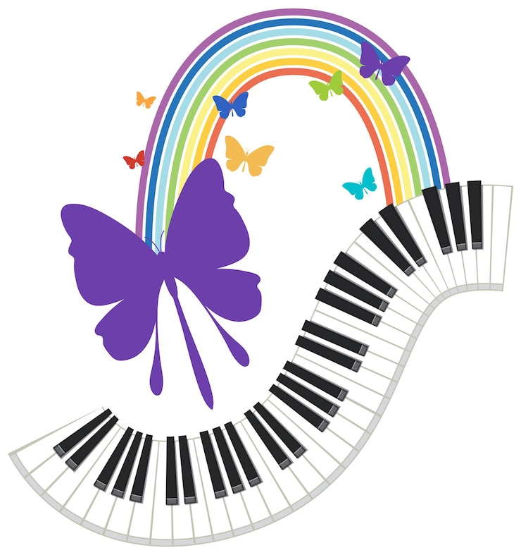 Vettore gratuito tastiera per pianoforte con arcobaleno farfalla