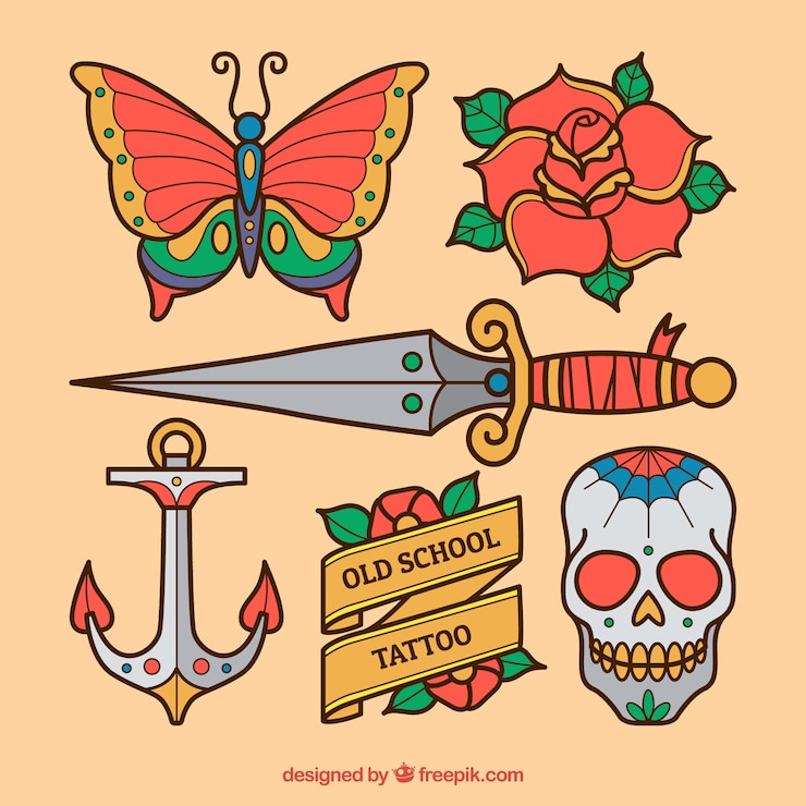 Vettore gratuito tatuaggi di oggetti disegnati a mano