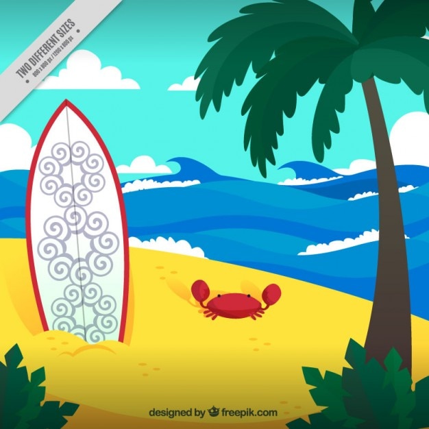 Vettore gratuito tavola da surf sullo sfondo di sabbia