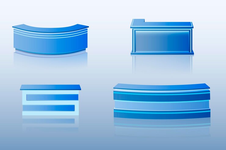 Vettore gratuito tavolo da bancone reception realistico nella collezione blu