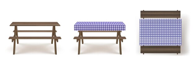 Tavolo da picnic in legno con panche tovaglia vettore