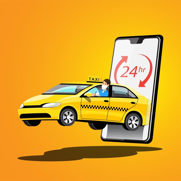 Taxi di consegna Condivisione di auto online con personaggio dei cartoni animati e smartphone Concetto di trasporto smart city, illustrazione