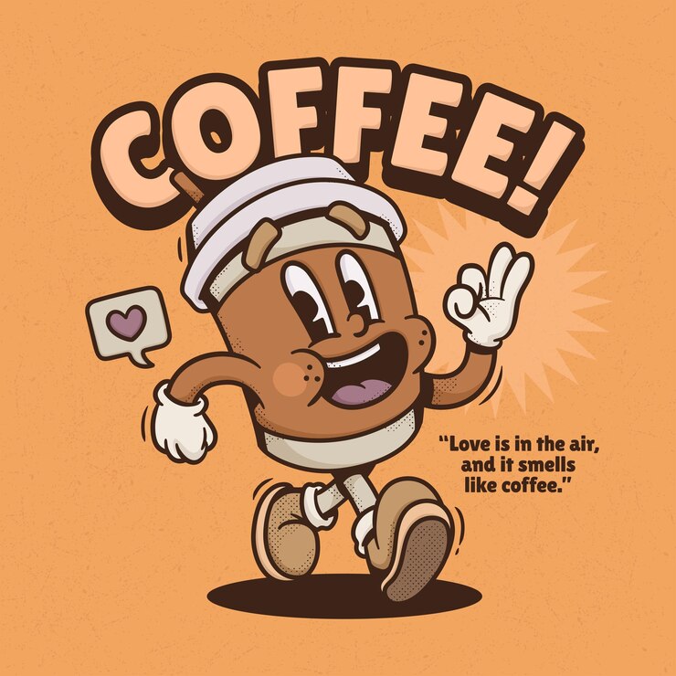 Vettore gratuito tazza di caffè disegnato a mano di vettore del fumetto retrò alla moda carino