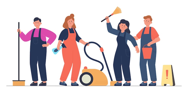 Vettore gratuito team di lavoratori professionisti in uniforme in piedi insieme. persone in possesso di aspirapolvere, scopa e secchio per la pulizia dell'ufficio o della casa illustrazione vettoriale piatta. personale del concetto di servizio di pulizia