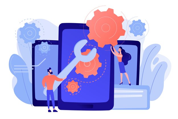 Tecnici di servizio con una grande chiave che ripara lo schermo dello smartphone con ingranaggi. Riparazione smartphone, servizio di telefonia cellulare, concetto di riparazione lo stesso giorno
