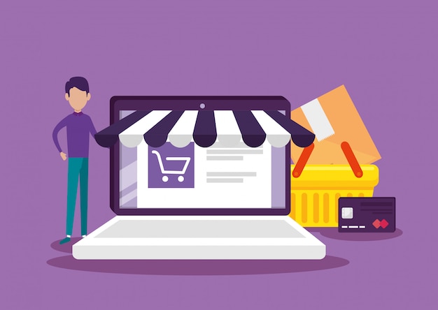 Tecnologia di e-commerce per laptop con sito Web e cestino