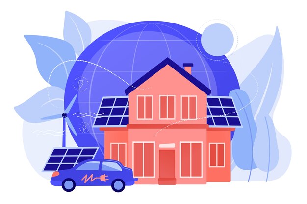 Tecnologia intelligente del futuro. Energia elettrica alternativa, energia ecologica. Eco house, casa a basso impatto ambientale, concetto di tecnologia ecohome. Pinkish coral bluevector illustrazione isolata