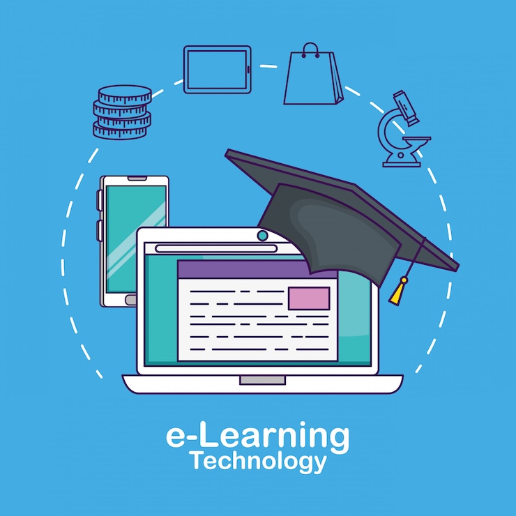 Vettore gratuito tecnologia laptop con graduazione cap e documento digitale