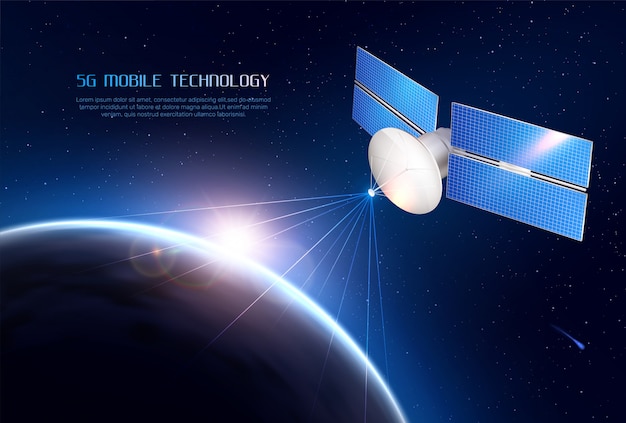 Tecnologia mobile realistica con satellite di comunicazione nello spazio che invia segnali a diversi punti della terra