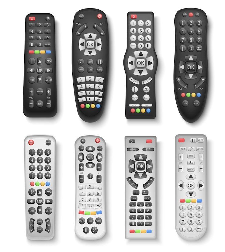 Vettore gratuito telecomandi tv nero e argento di diversi modelli realistici insieme illustrazione vettoriale isolata