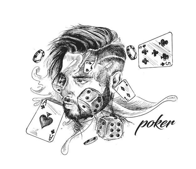 Tema del casinò con fiches da gioco e carte da poker Illustrazione vettoriale di schizzo disegnato a mano