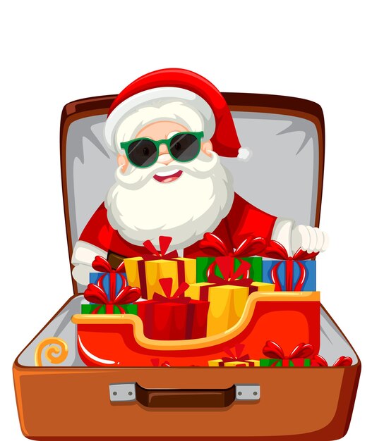 Tema di Natale con Babbo Natale in un bagaglio su sfondo bianco