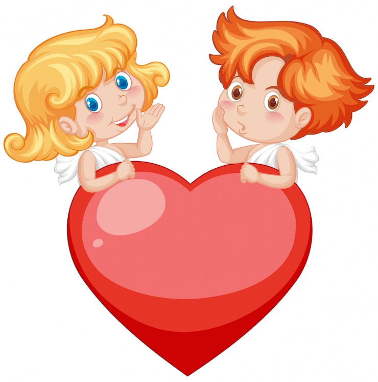 Vettore gratuito tema di san valentino con amorini e cuore rosso