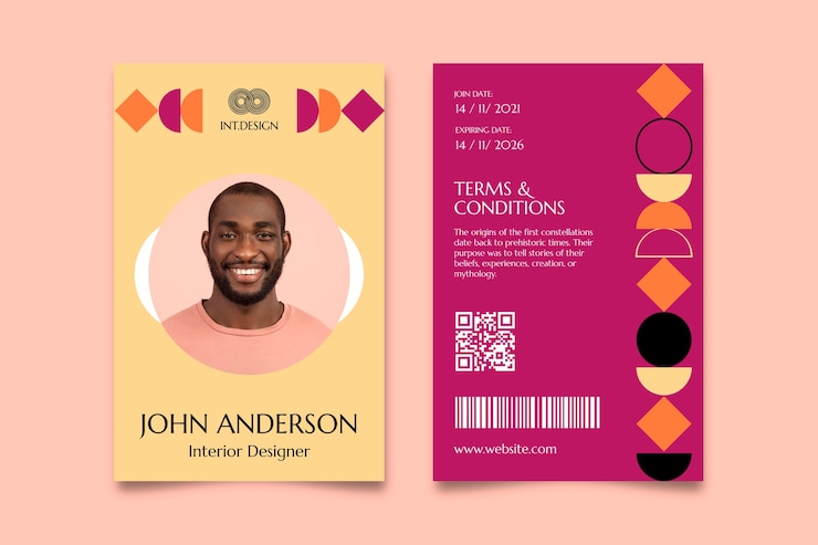 Vettore gratuito template di schede di carte d'identità di aziende di interior design geometriche colorate