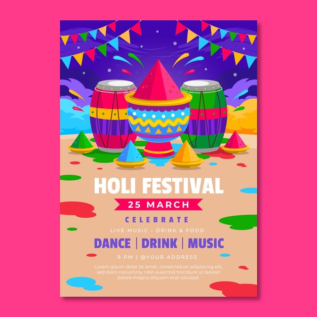Template di volantini verticali piatti per la celebrazione del festival di Holi.