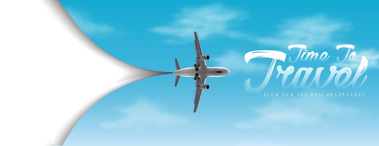 Vettore gratuito tempo di viaggiare volantino vettoriale con copia spazio bianco e cielo con aeroplano