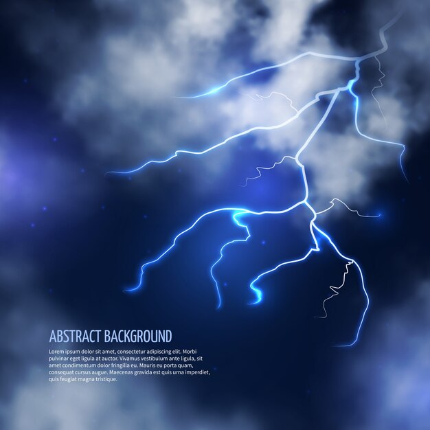 Temporale con nuvole e fulmini. Lampo di fulmine, energia elettrica. Fondo astratto dell'illustrazione di vettore