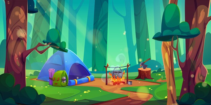 Vettore gratuito tenda da campeggio dei cartoni animati nella foresta
