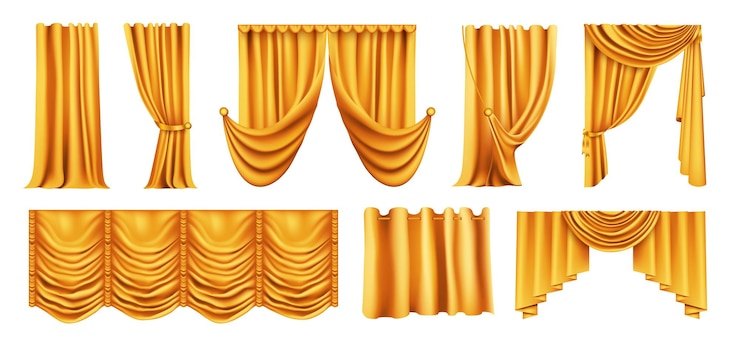 Vettore gratuito tende realistiche in oro con immagini isolate di tessuto per tende appeso con rughe su sfondo bianco illustrazione vettoriale