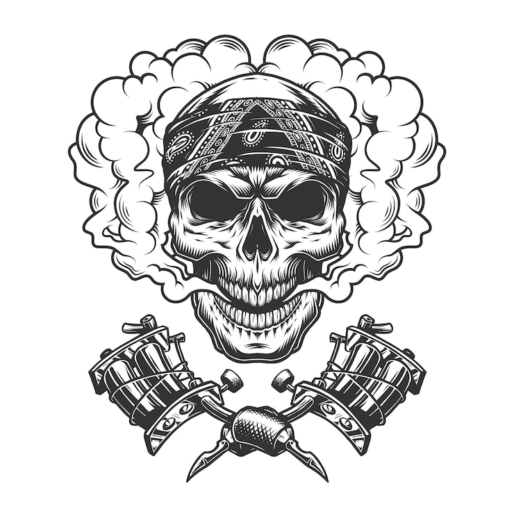 Vettore gratuito teschio maestro del tatuaggio vintage nel cloud