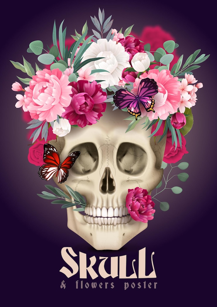 Vettore gratuito teschio umano con bellissimi fiori foglie e farfalle illustrazione vettoriale di poster verticale realistico sullo sfondo scuro