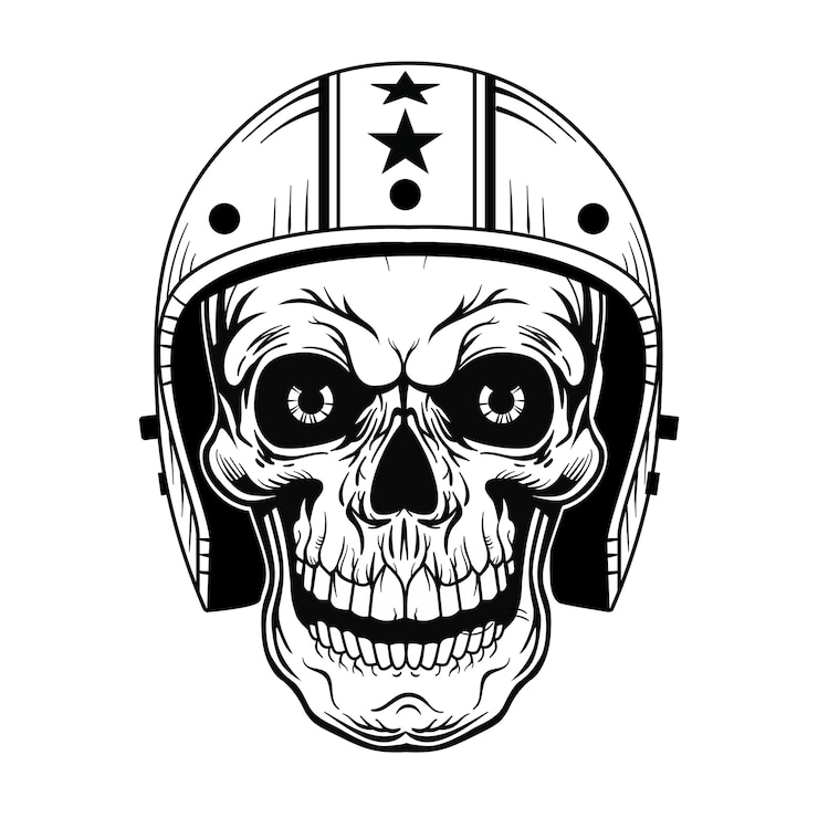Vettore gratuito teschio vintage in illustrazione vettoriale casco. testa morta monocromatica del motociclista