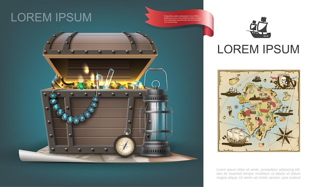 Tesori del mare concetto colorato con realistico scrigno di gemme monete d'oro gioielli bussola di navigazione lanterna e mappa pirata disegnata a mano