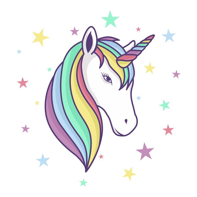 Testa Di Unicorno Colorato Con Sfondo Di Corno Arcobaleno E Stelle