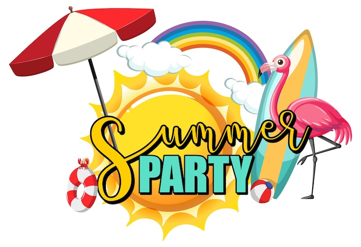 Vettore gratuito testo summer party con fenicotteri e articoli da spiaggia isolati