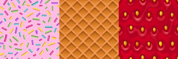 Texture di cialda, glassa alla fragola e rosa con spruzzi di colore. Modelli senza cuciture dei cartoni animati vettoriali di cibi dolci e bacche, trame di dessert per lo sfondo del gioco