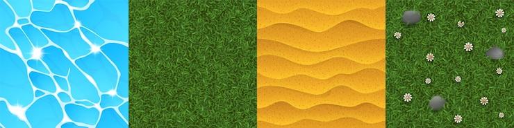 Vettore gratuito texture di gioco di acqua, prato verde, sabbia e prato con fiori senza soluzione di continuità vista dall'alto. sfondi con texture di cartoni animati, liquido blu, superficie del campo e del deserto, interfaccia grafica o livelli vettoriali gui