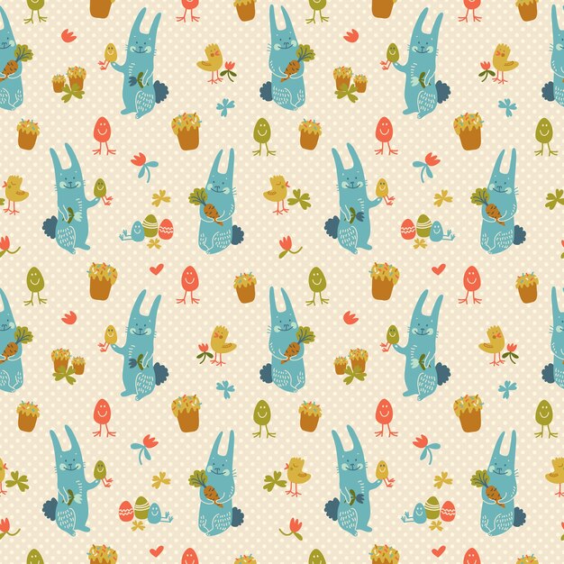 Textured seamless pattern con felice Pasqua conigli polli e fiori doodle