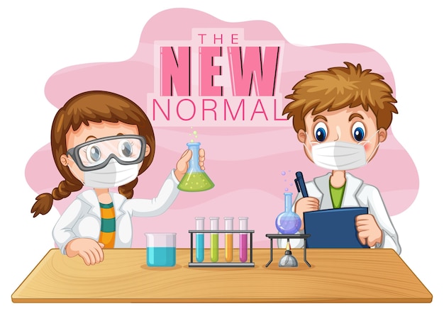 The New Normal con due bambini scienziati che indossano maschere per il viso