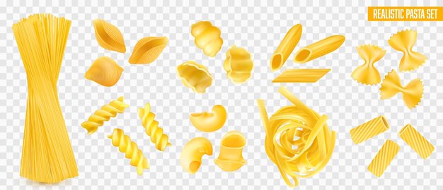 Tipi di pasta secca italiana set realistico con spaghetti penne farfalle tagliatelle fusilli isolato su sfondo trasparente illustrazione vettoriale