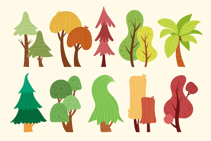 Vettore gratuito tipo disegnato a mano di alberi colorati