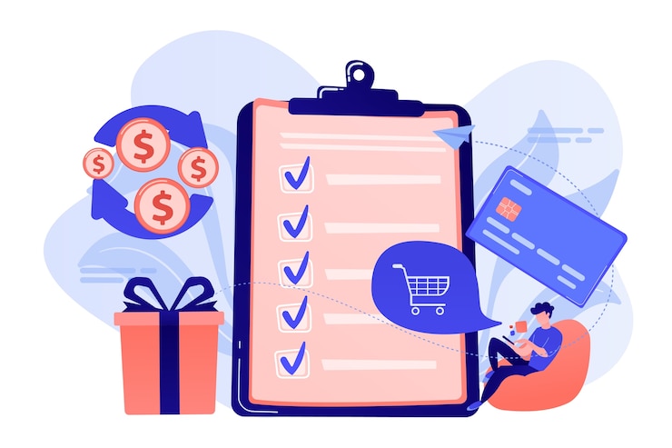 Vettore gratuito titolare della carta con smartphone che fa acquisti online e riceve premi e lista di controllo. servizio di rimborso, premi in denaro, illustrazione del concetto di rimborso