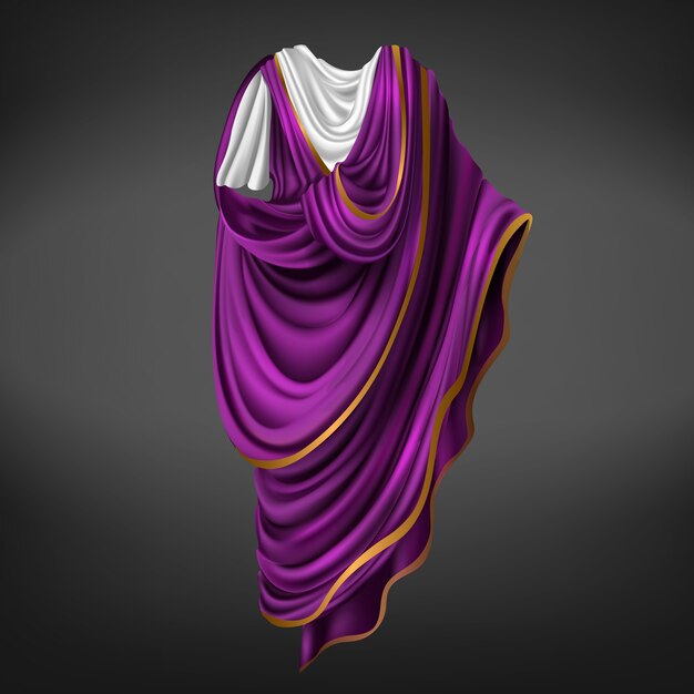 Toga romana Antica Roma comandante o imperatore vestito da uomo in tessuto bianco, viola con bordo dorato drappeggiato attorno al corpo, abito piegato, costume storico. Illustrazione realistica di vettore 3d