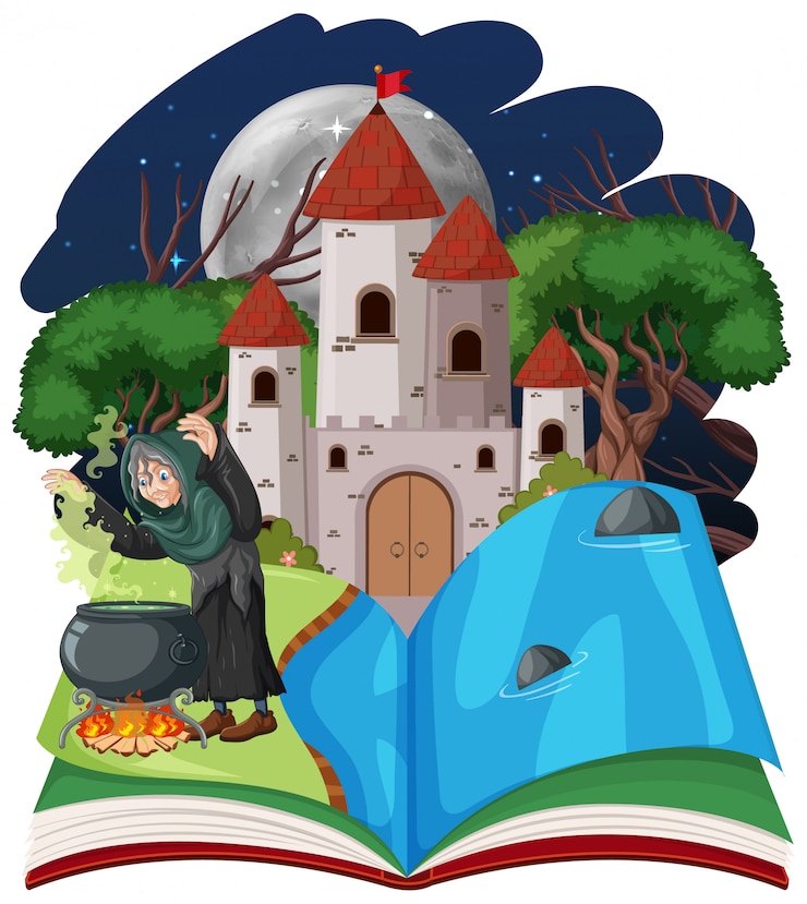 Vettore gratuito torre dello stregone o del castello e dello stregone su stile del fumetto del libro di pop-up su fondo bianco
