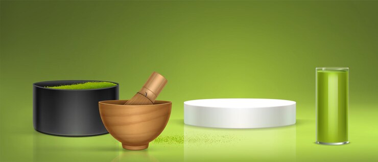 Vettore gratuito tradizionale preparazione del tè matcha con podio