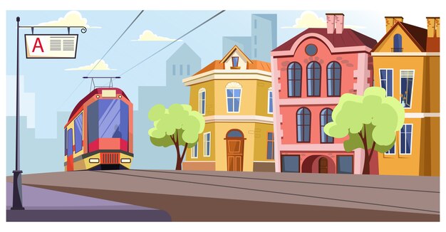 Tram moderno che funziona sulle rotaie nell&#39;illustrazione della città