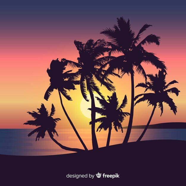 Tramonto sulla spiaggia con sagome di palme