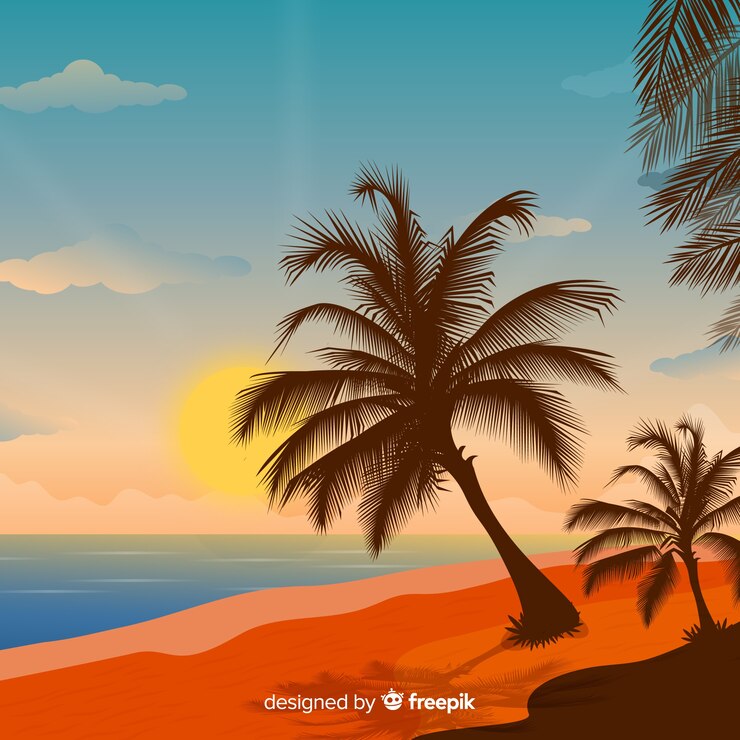 Vettore gratuito tramonto sulla spiaggia con sagome di palme