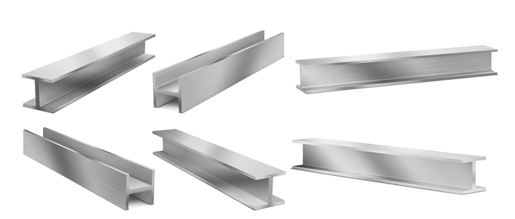 Vettore gratuito travi di costruzione metallica, travi di struttura in acciaio. insieme realistico di vettore di travetto in acciaio inossidabile per la costruzione, profilo strutturale in ferro isolato. illustrazione 3d di forti i-beam