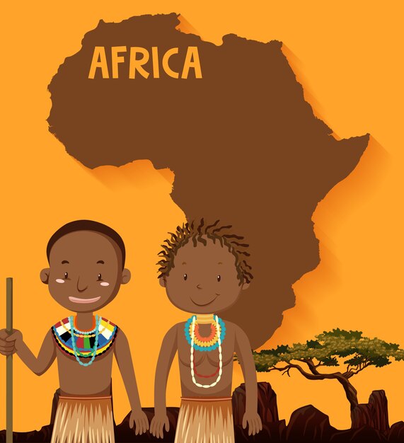 Tribù native africane con mappa dell'africa