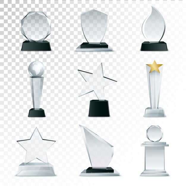 Trofei moderni della tazza di vetro e raccolta realistica delle icone di vista laterale dei premi di sfida