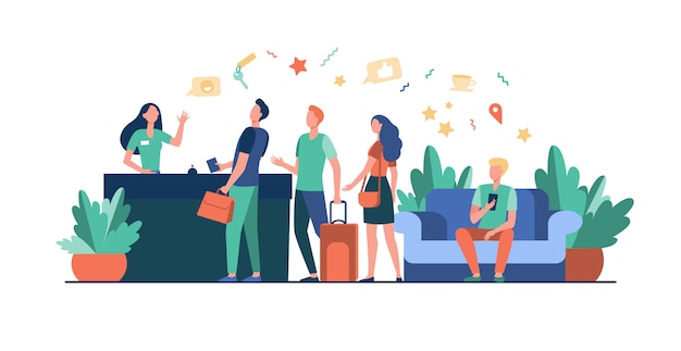 Turisti con borse check-in in hotel