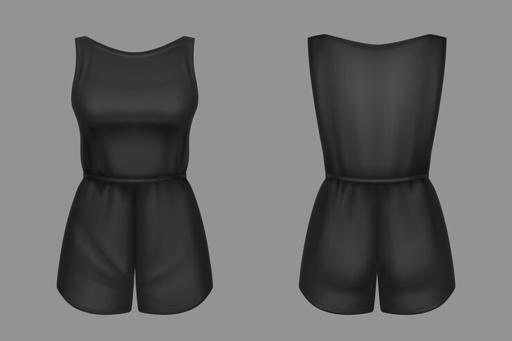 Vettore gratuito tuta da donna 3d tuta vettoriale mockup in bianco abbigliamento femminile nero con pantaloncini e canotta senza maniche modello realistico vestiti per ragazze indumento estivo o indumenti da notte isolato vestito design mock up