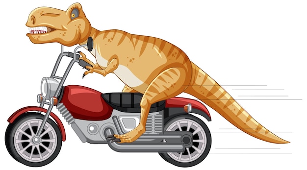 Tyrannosaurus rex in sella a una moto in stile cartone animato