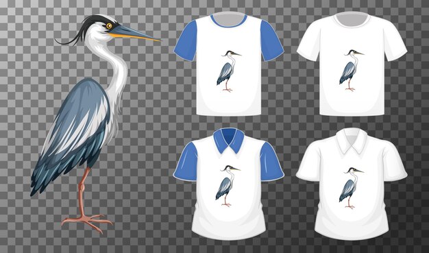 Uccello della cicogna nel personaggio dei cartoni animati di posizione di supporto con molti tipi di camicie su trasparente