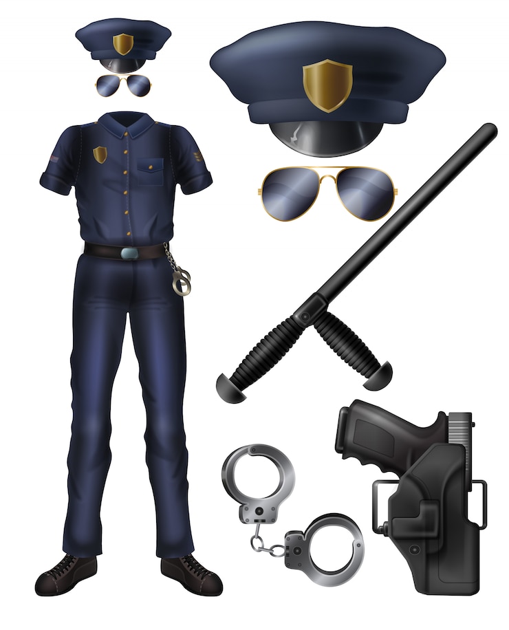 Vettore gratuito ufficiale di polizia o uniforme di guardia di servizio di sicurezza, arma, set di accessori per cartoni animati.